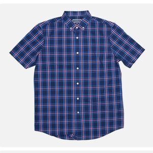 Club Room Mens Check Plaid Printed Short Sleeve Button Down Shirt navy blue XL